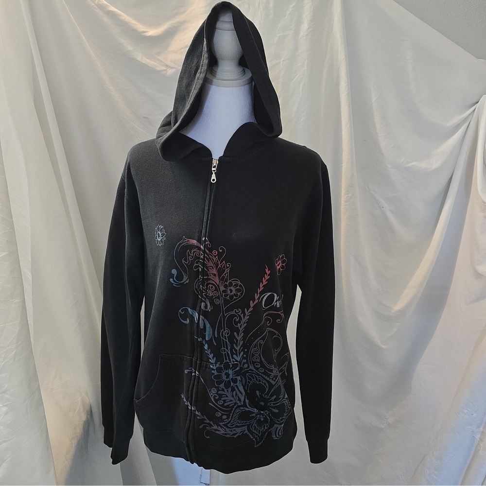Vtg Y2K O'Neill Graphic Full-zip Hoodie Black Floral Scroll Grunge Mall-goth